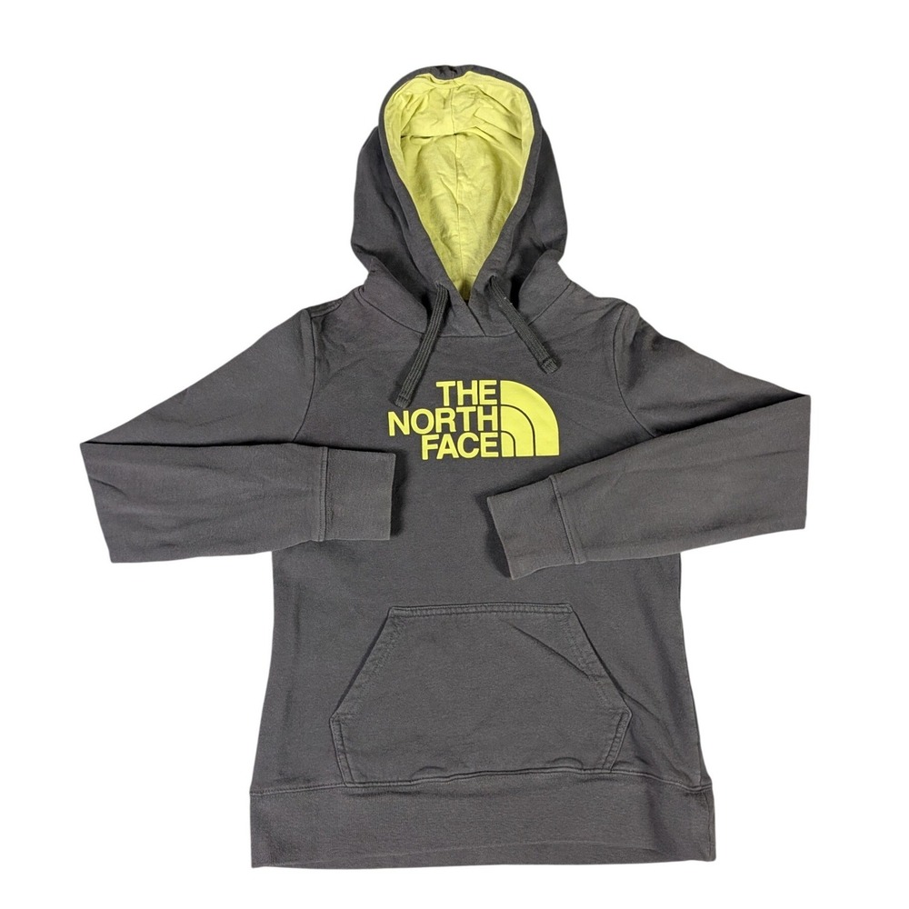 The North Face Womens Pullover Hoodie Gray Lime Green Logo Sweatshirt